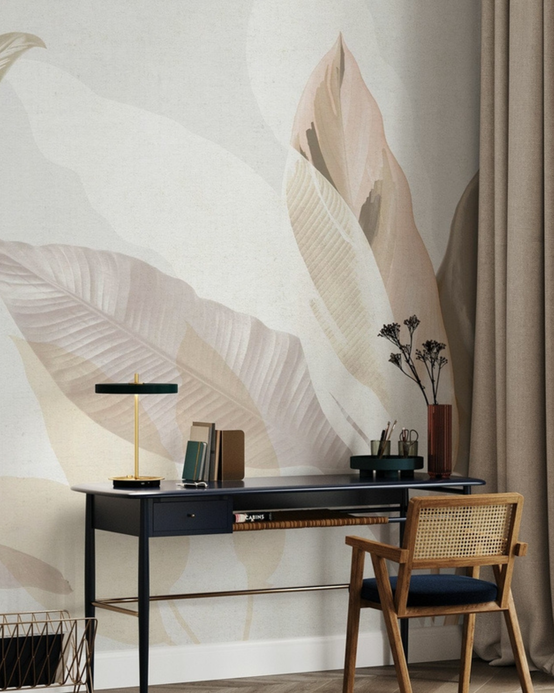 Interior with desk, chair, and botanical wallpaper.