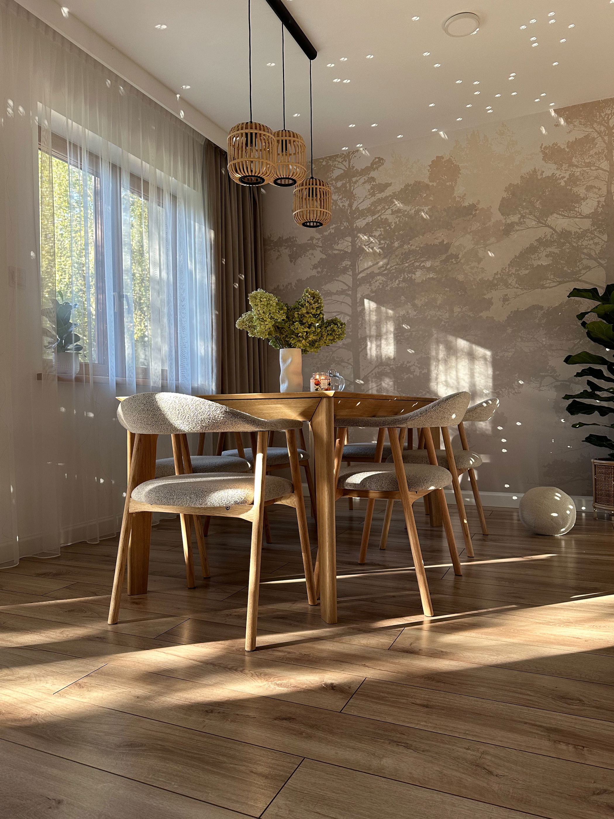 La luce del sole filtra su un tavolo da pranzo in legno e sedie con una carta da parati a tema alberi.