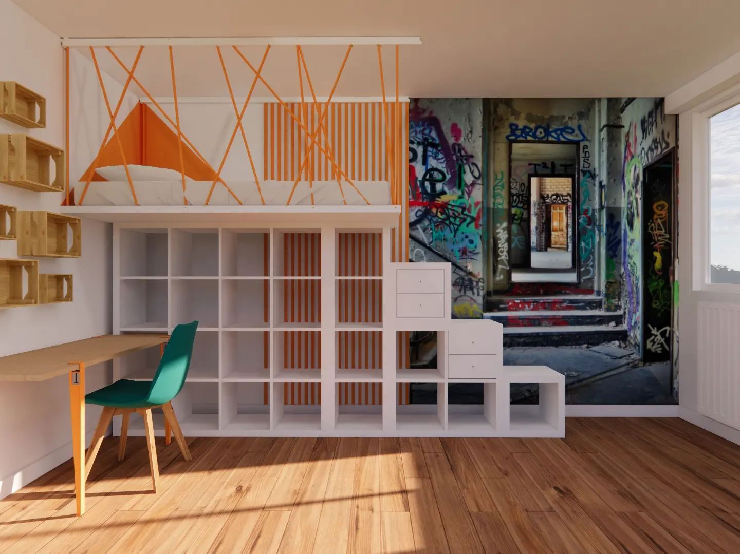 Modern room with loft bed over white shelving, desk, and green chair. Graffiti wall mural.