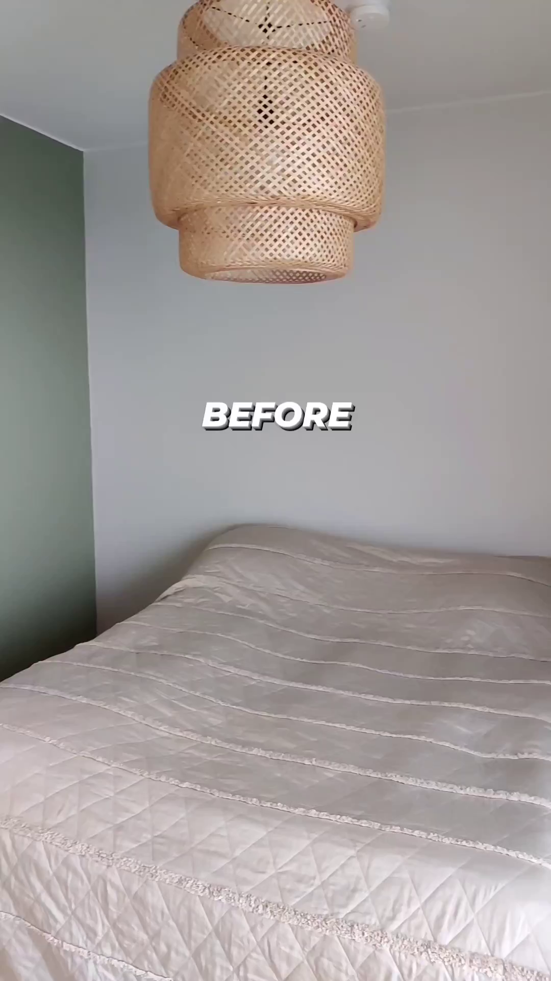 Bedroom with a bed and a woven pendant light. Text overlay reads "BEFORE".
