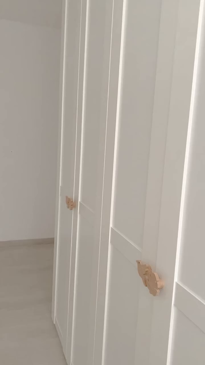 White wardrobe with light wood bird-shaped handles.