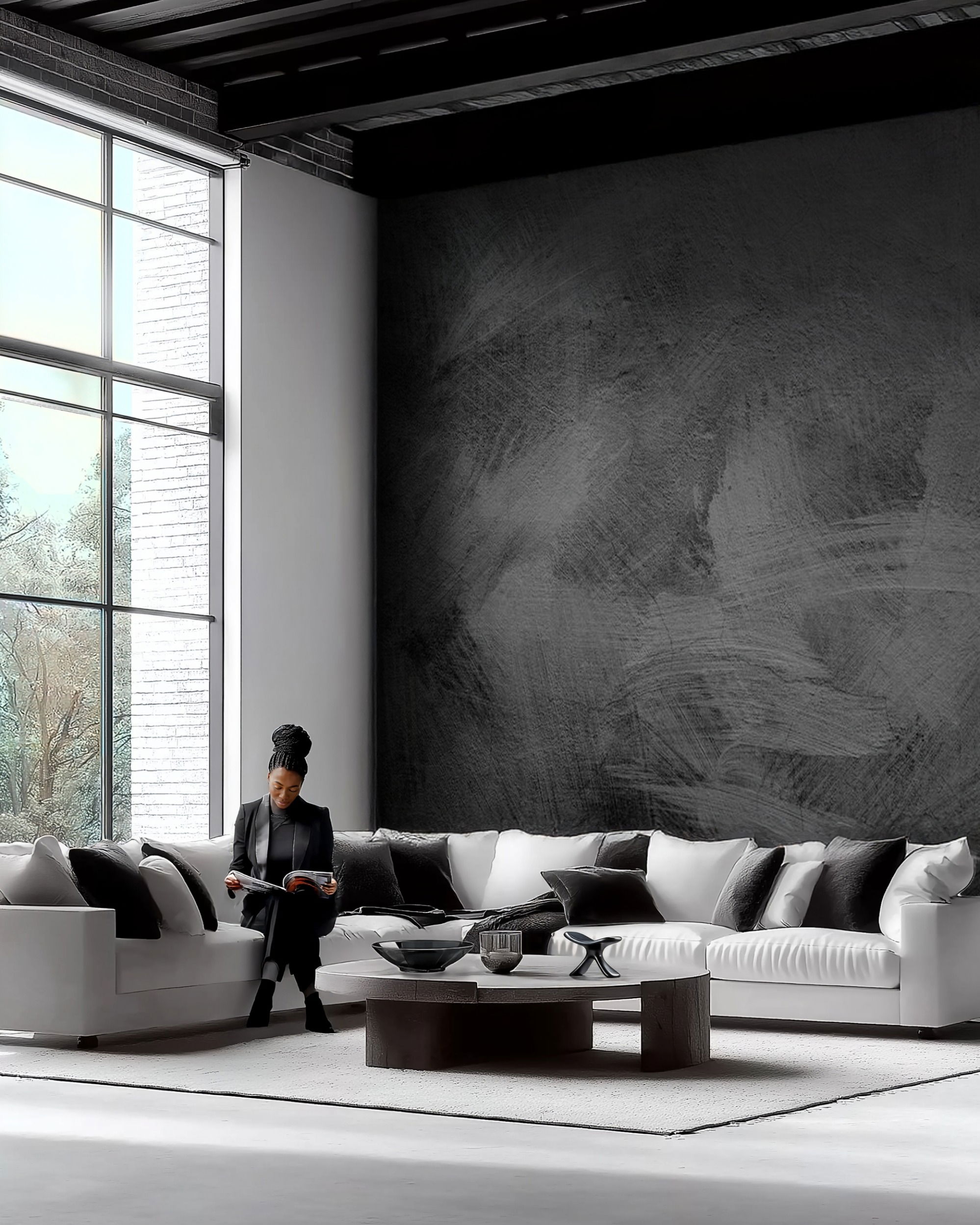 Modern living room with white sofas, black pillows, and a woman reading.