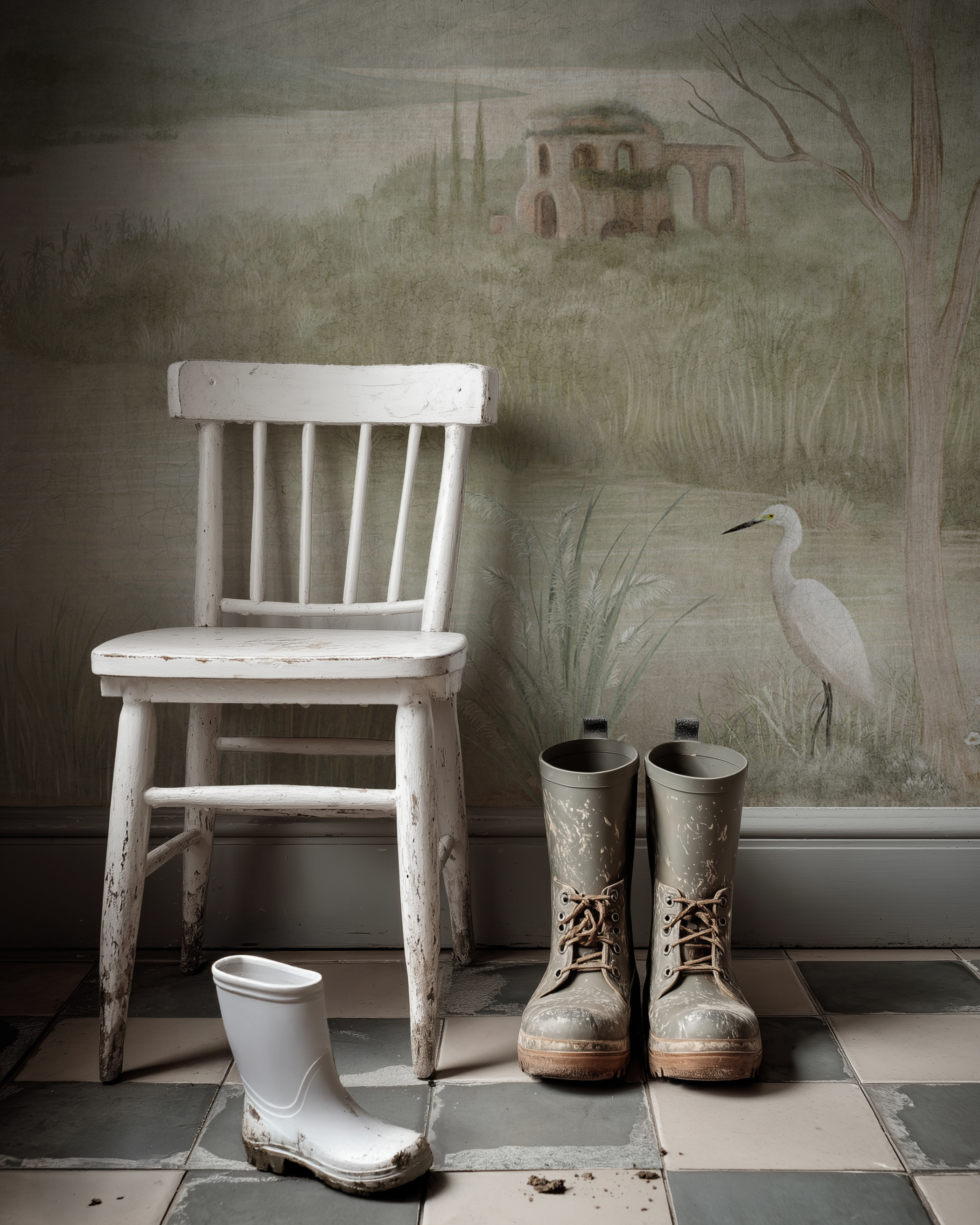 A white chair and muddy boots sit against a scenic wallpaper backdrop.