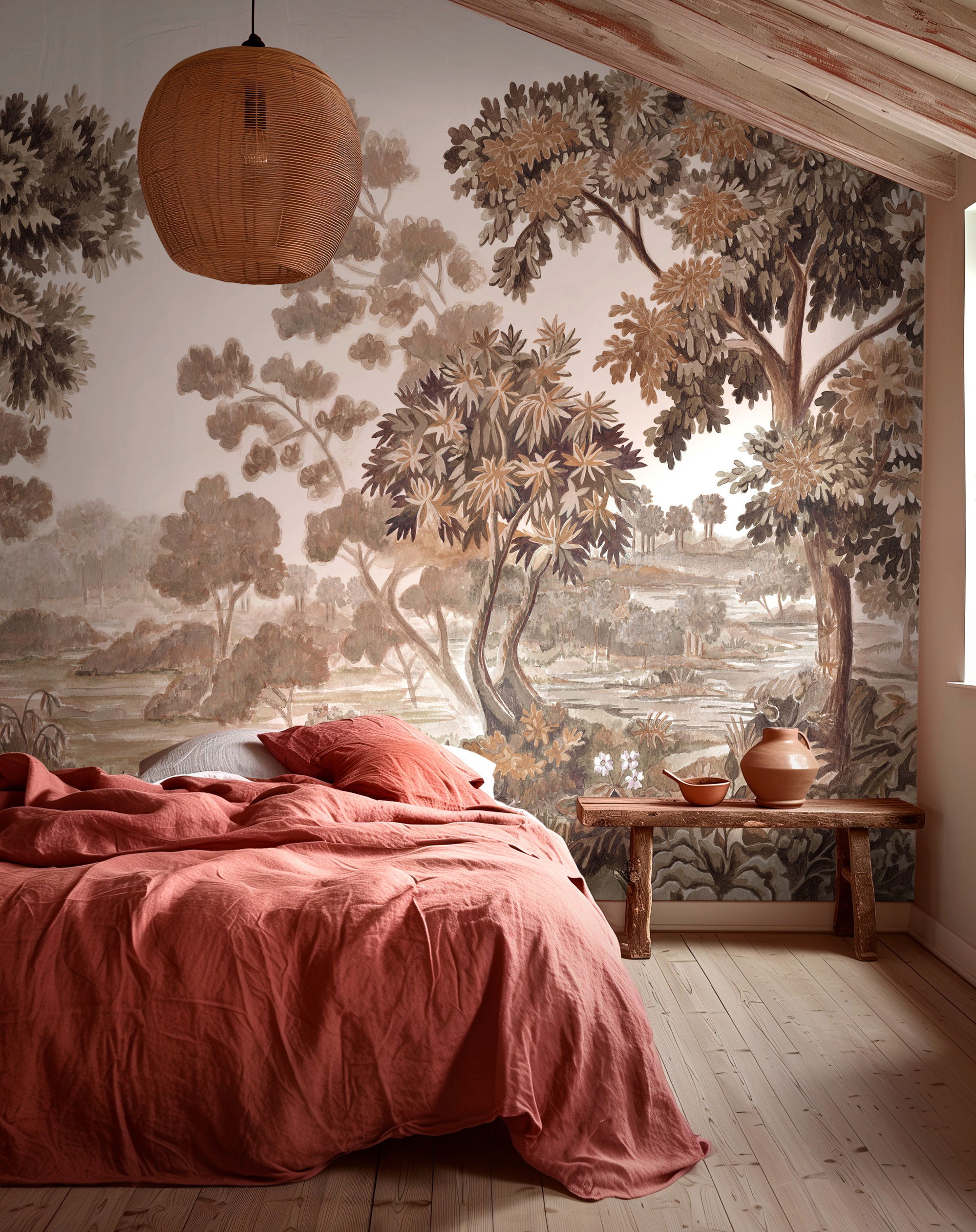 Bedroom with red linen bedding, tree mural wallpaper, and a woven pendant light.