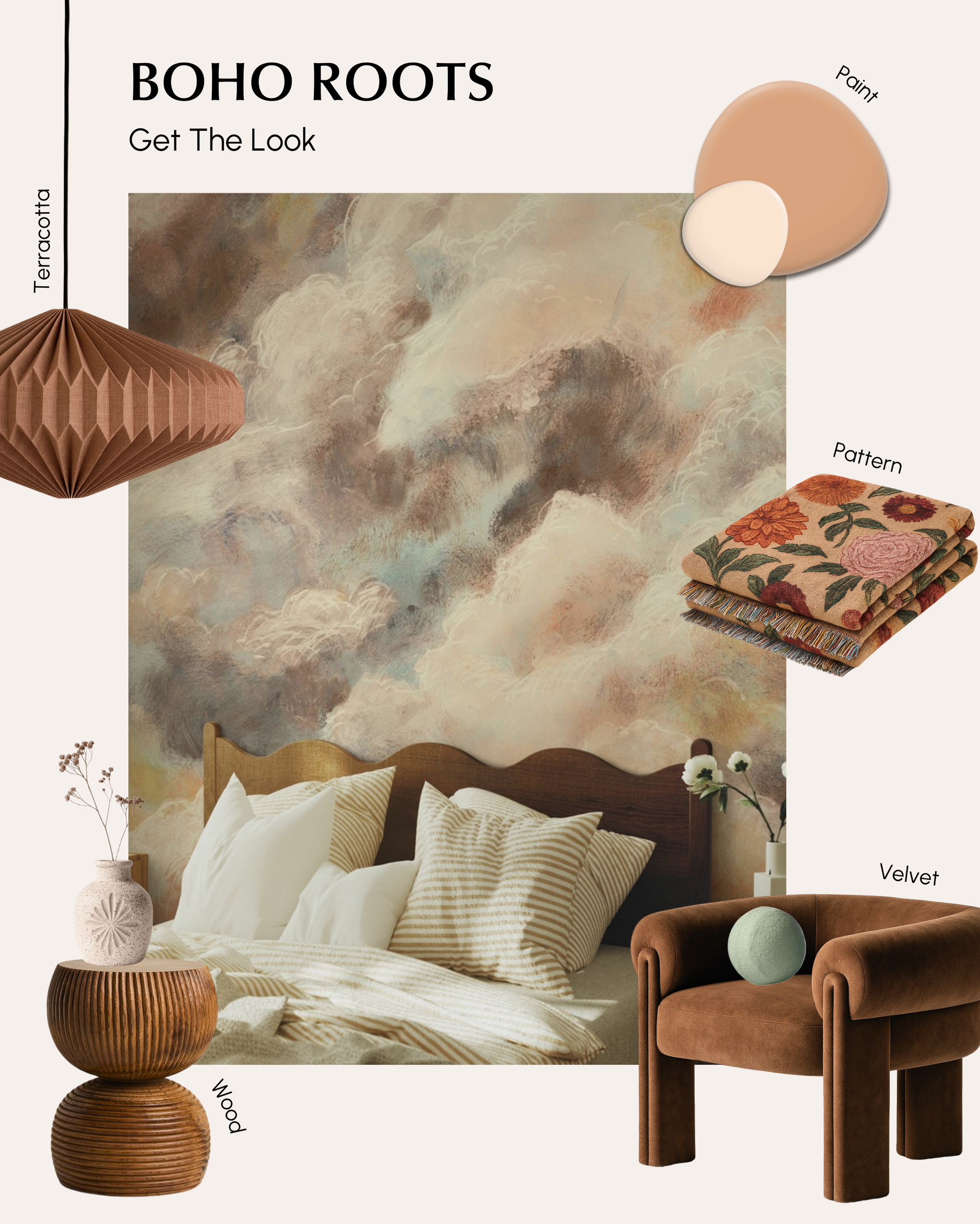 "Boho Roots" bedroom decor mood board. Features terracotta pendant light, paint swatches, floral throw, wood side table, and velvet chair.