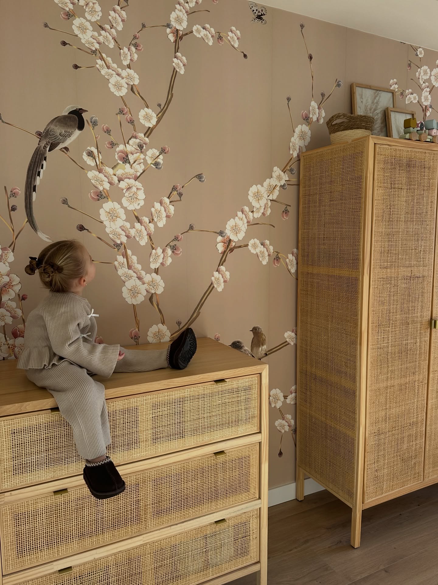 Toddler sits on a light wood dresser with a floral and bird-themed wallpaper background.