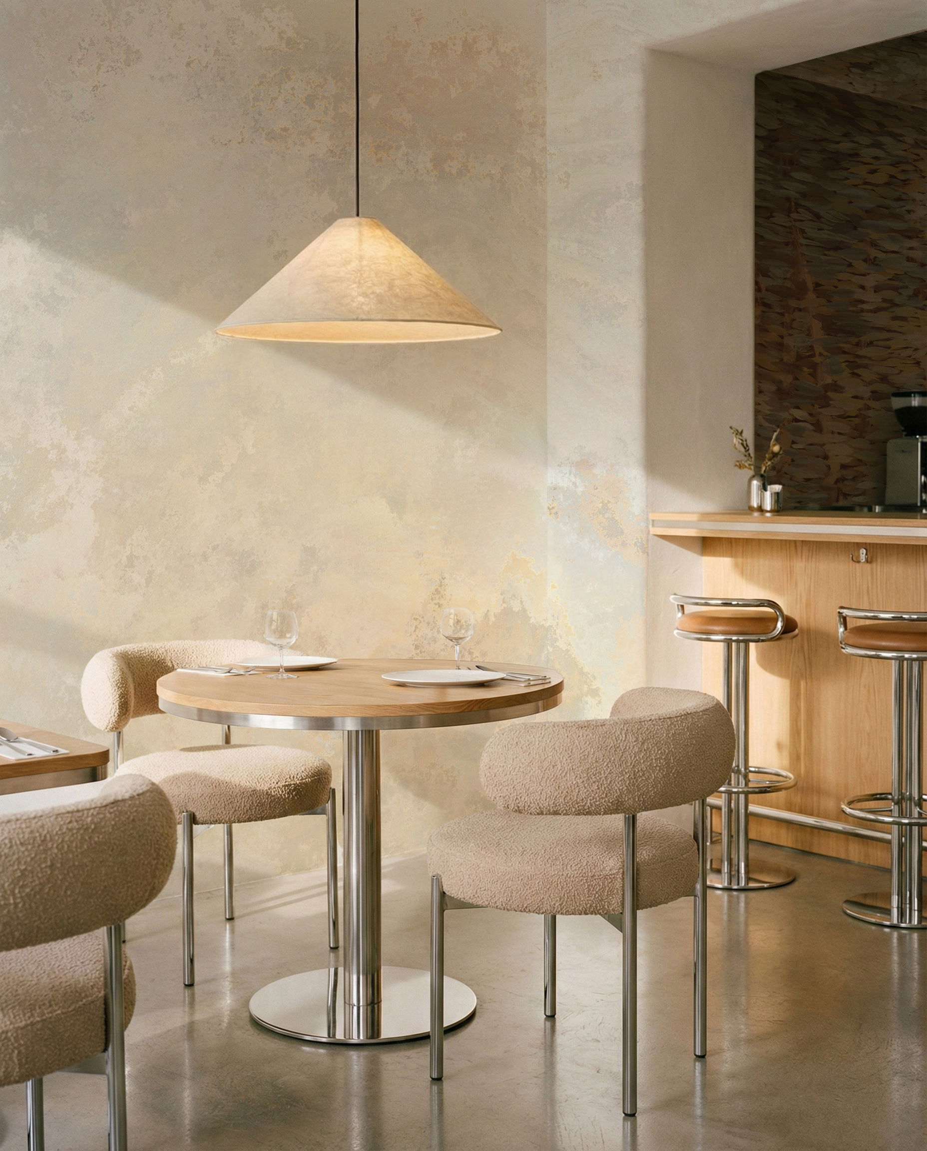 Modern dining area with textured chairs, round wood table, and bar stools.