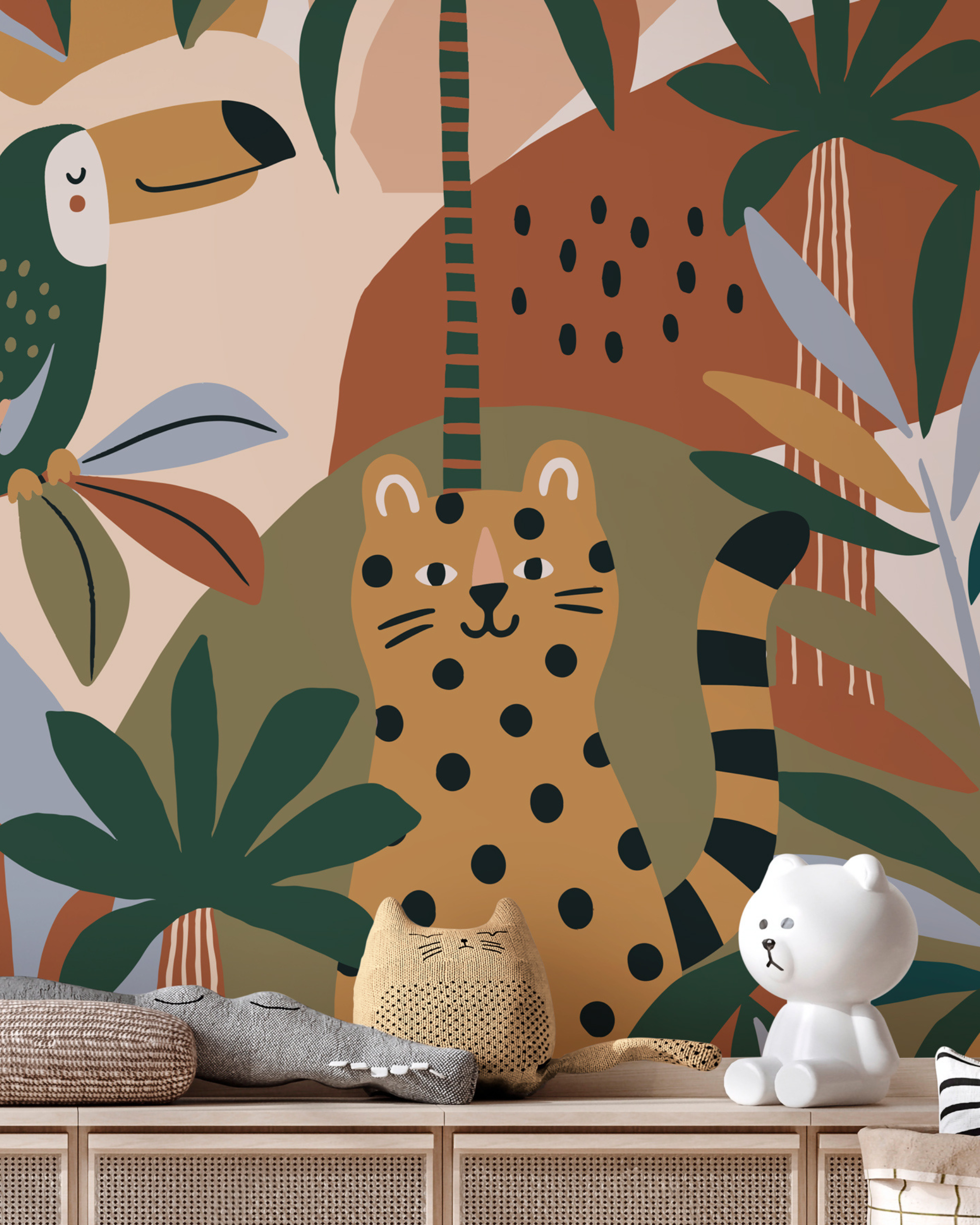 Stylized jungle-themed wallpaper with a leopard, toucan, and palm trees.