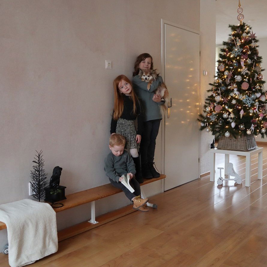 Three children and a dog pose near a decorated Christmas tree.