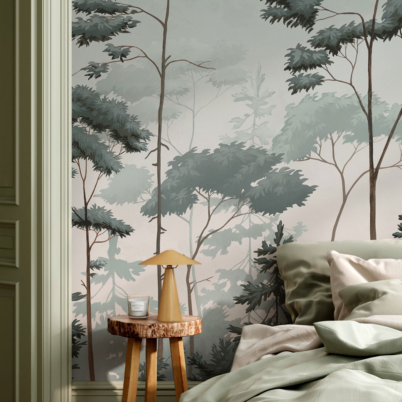 Bedroom featuring a forest wallpaper, wooden stool, and mushroom lamp.