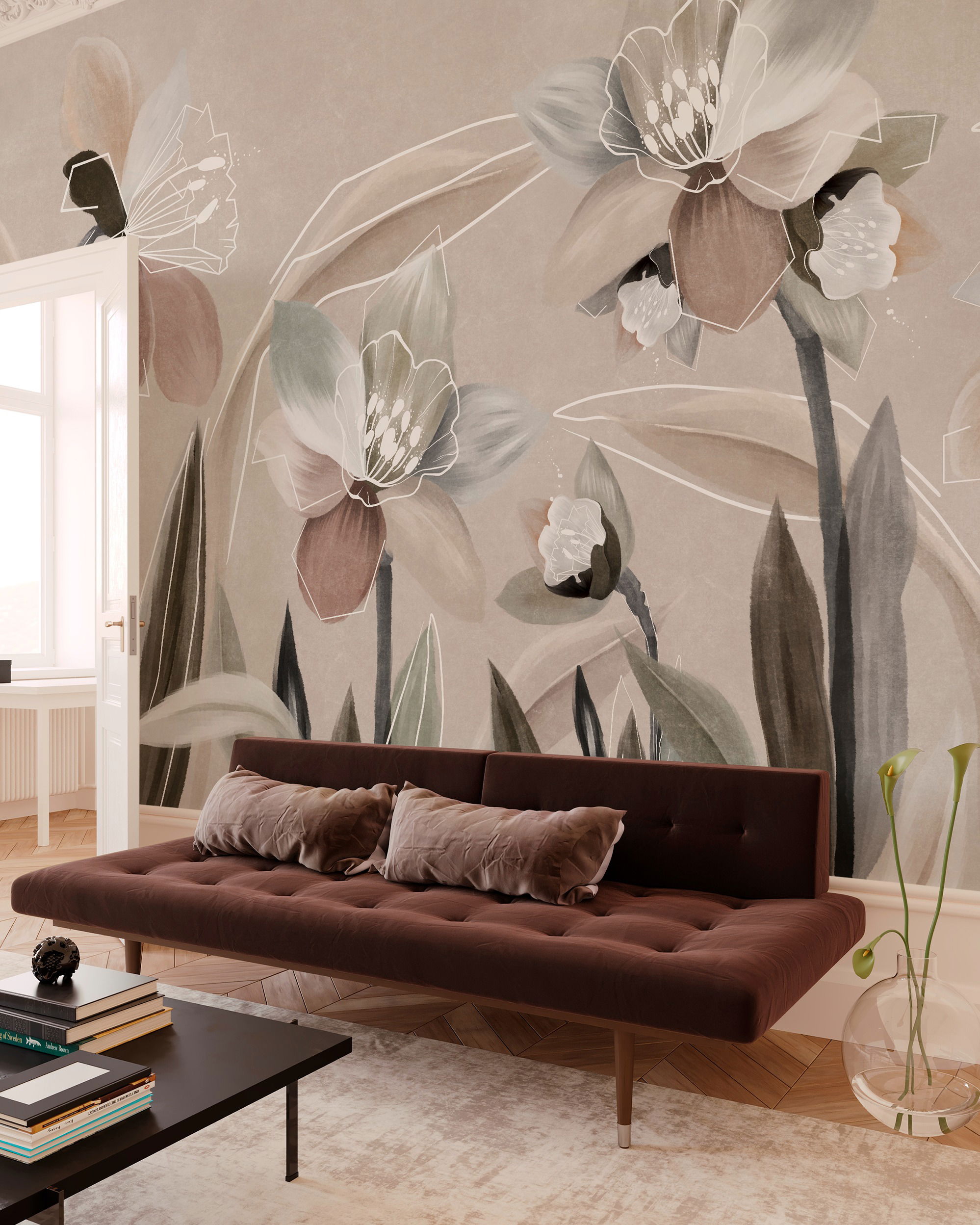 Living room with brown daybed, floral wallpaper, and black coffee table.